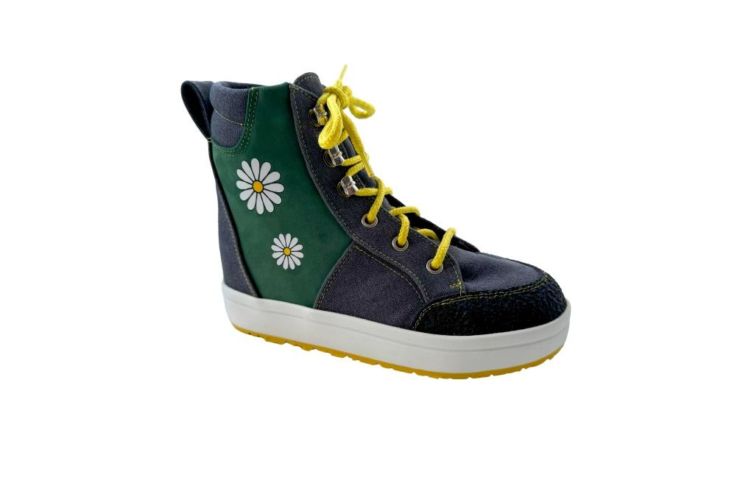 Chaussure bleue verte lacet jaune fleur