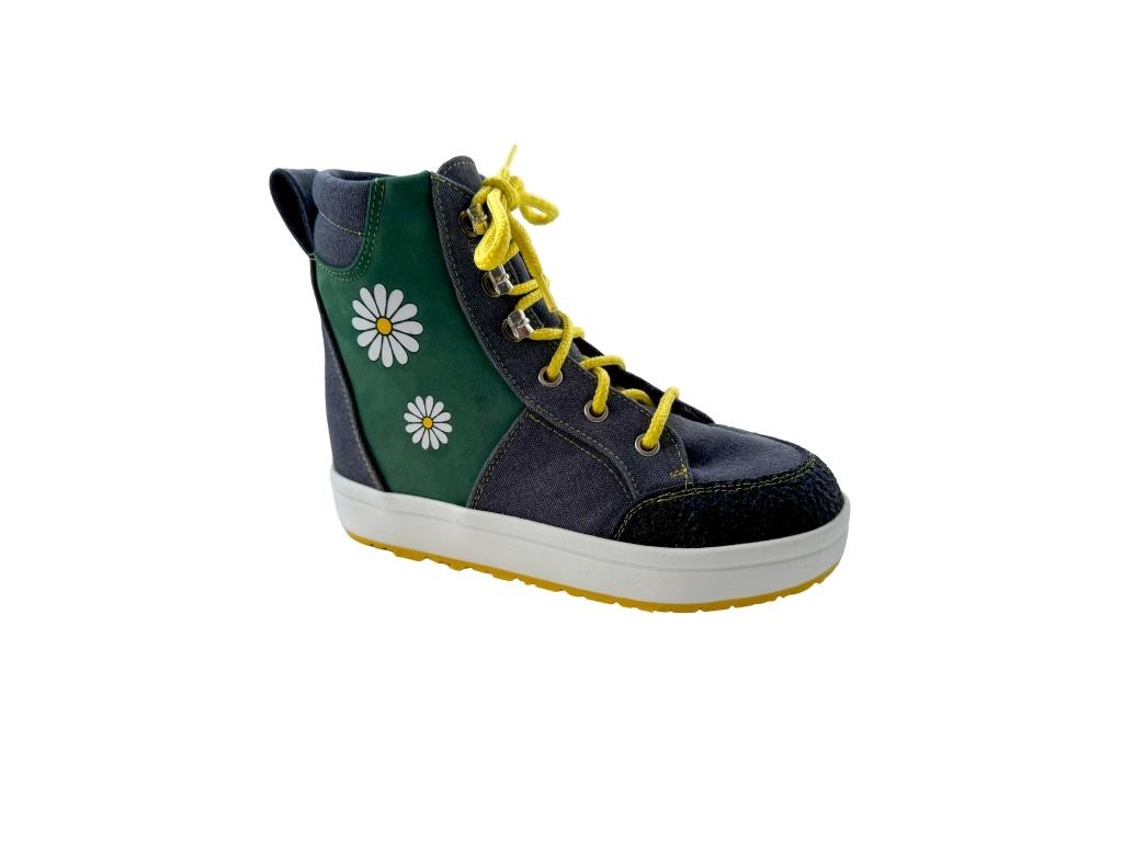 Chaussure bleue verte lacet jaune fleur