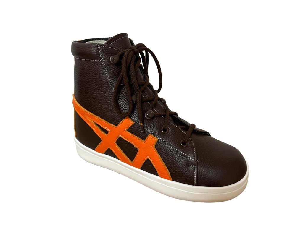 Chaussure cuir marron bande orange lacet marron