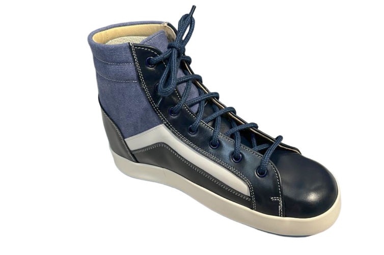Chaussures cuir noir bande blanche lacet bleu